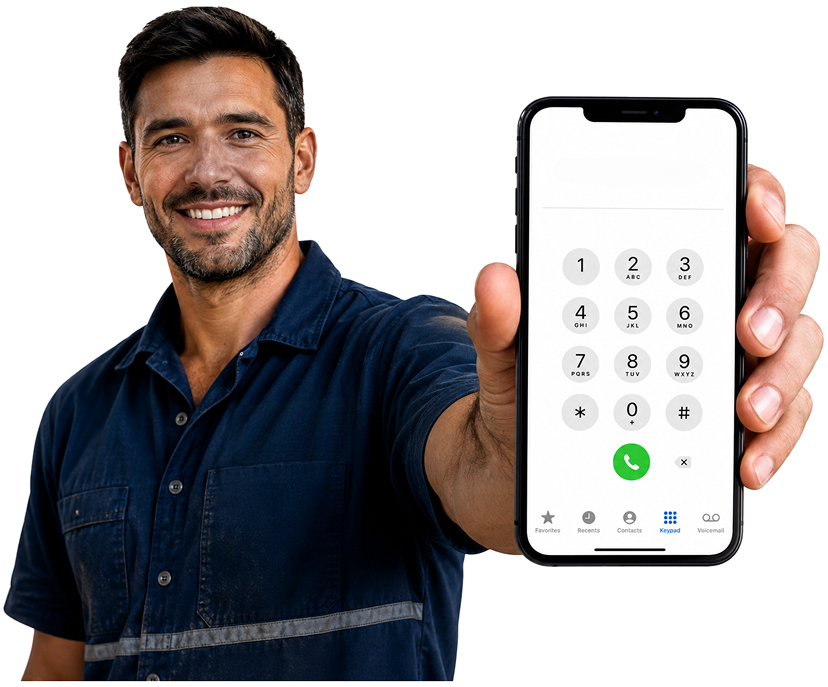 Queens Park Blocked Drains plumber holding a phone — call 1300 261 965