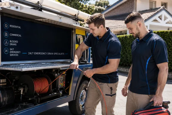 Two plumbers working on a blocked drain in Queens Park