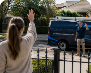 Customer waving goodbye to a Queens Park Blocked Drains plumber